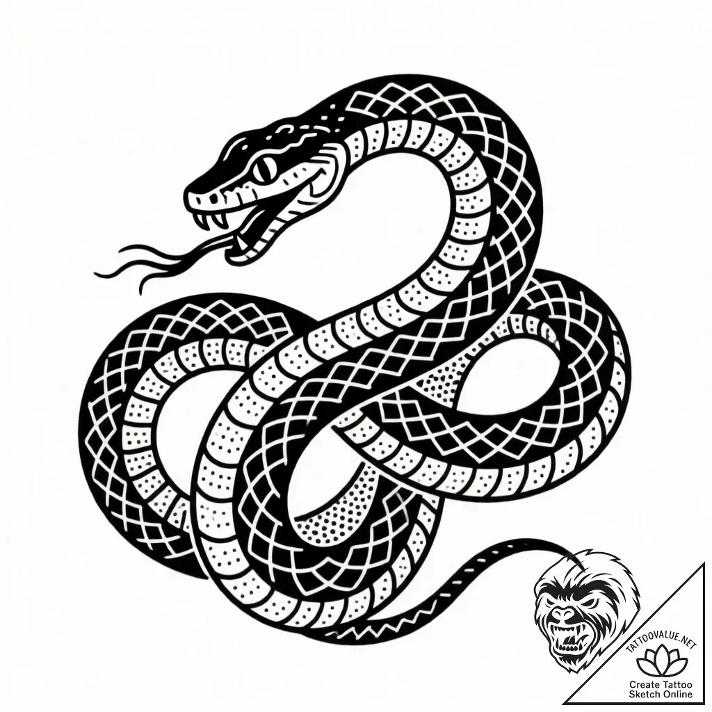 Coiled serpent devouring tail, ink illustrati... - style Flux Inscriptions - tattoo sketch (24.11.2025 07:34)