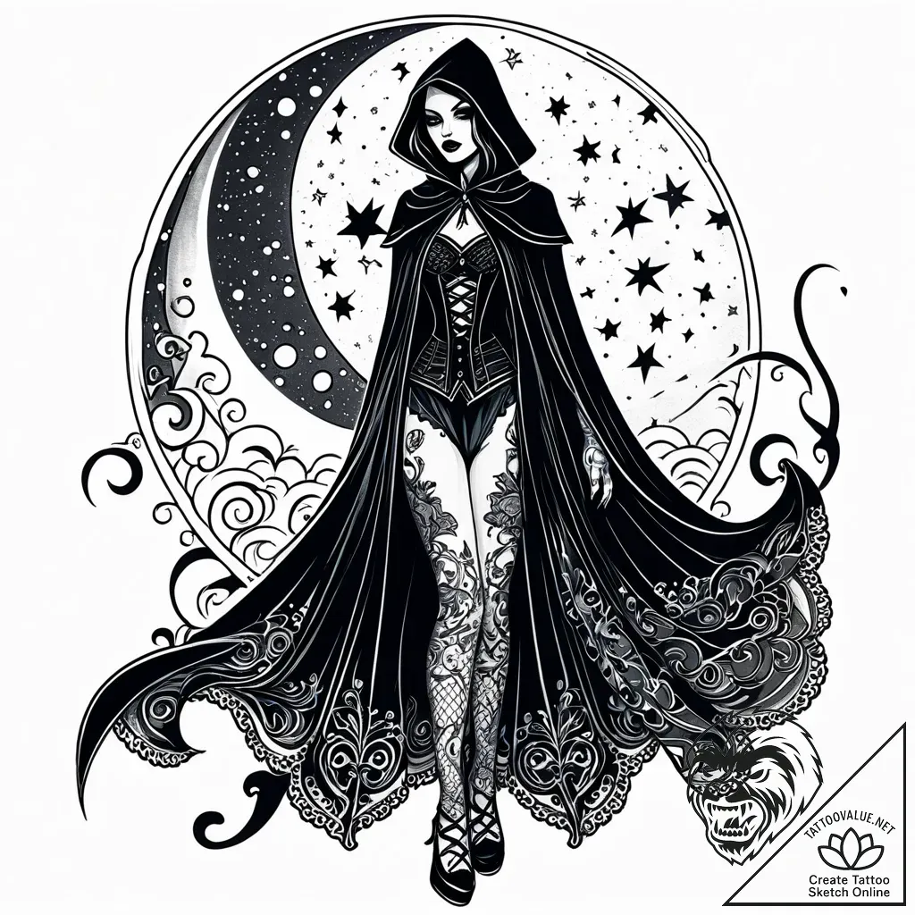 Tat tattoo sketch, goth figure in flowing bla... - style Jaeger Simple - tattoo sketch (24.11.2025 07:48)