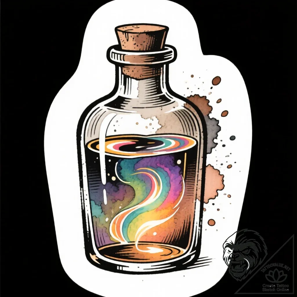 Tattoo design a magic potion bottle with a sw... - style Flux Inscriptions - tattoo sketch (24.11.2025 07:58)