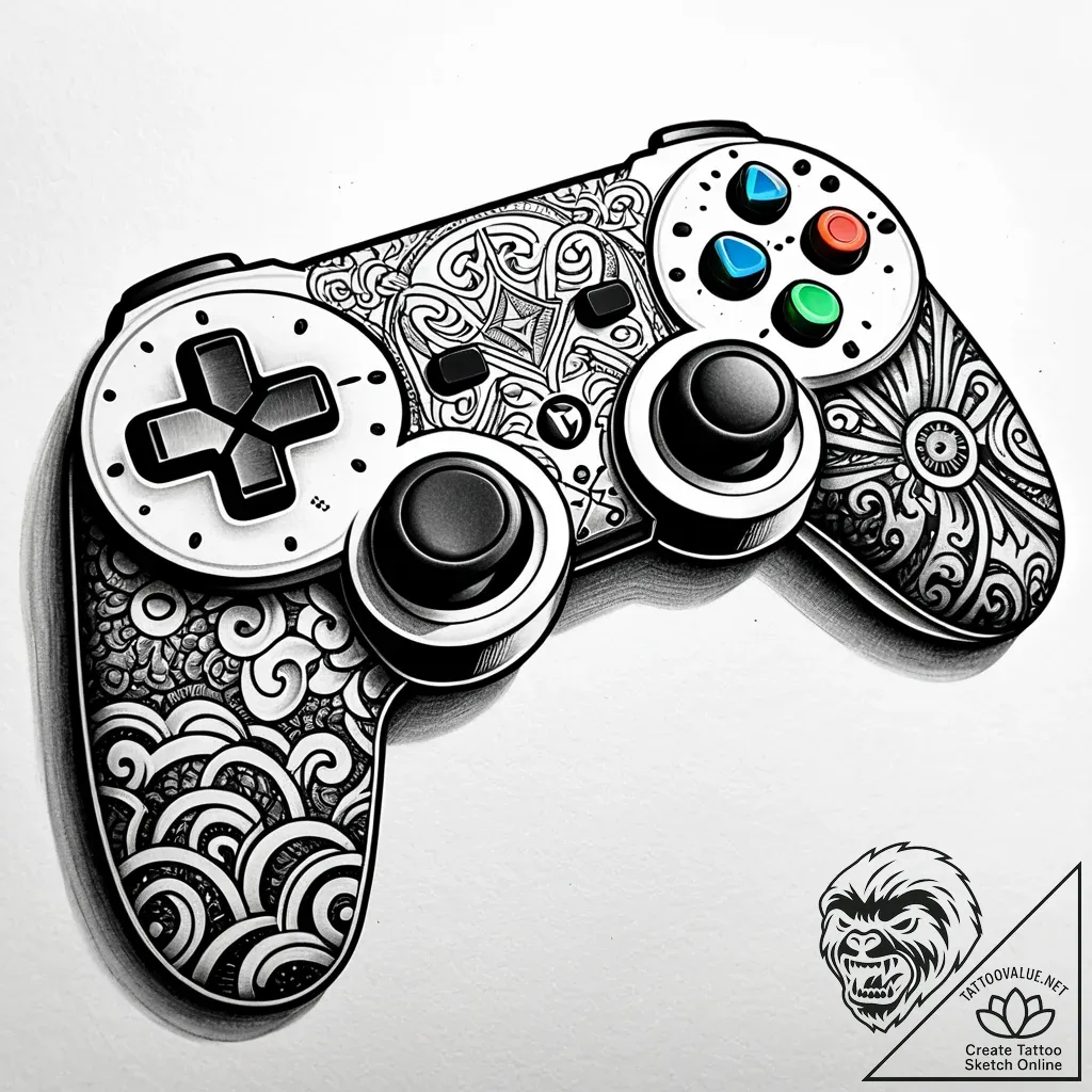 Tattoo design a game controller integrated wi... - style Jaeger Simple - tattoo sketch (24.11.2025 08:13)