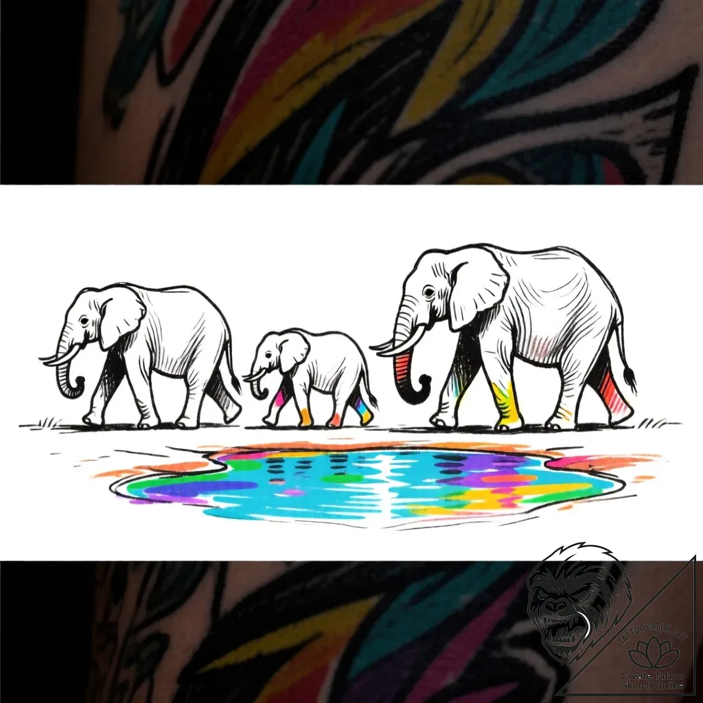 A family of elephants walking in a line towar... - style Flux Inscriptions - tattoo sketch (24.11.2025 08:34)