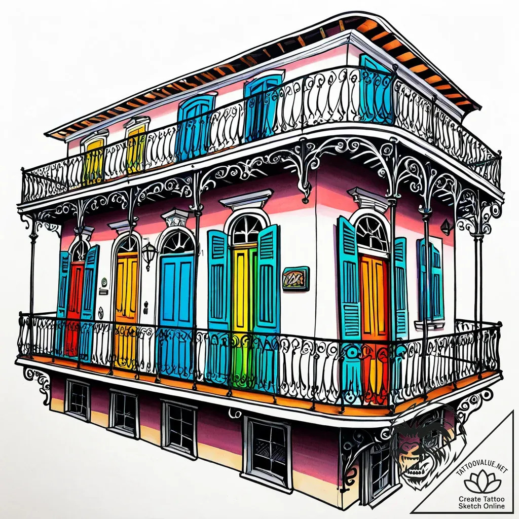 A detailed shot of ornate ironwork on a balco... - style Jaeger Simple - tattoo sketch (24.11.2025 09:48)