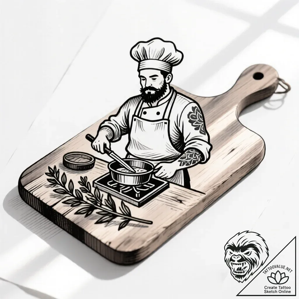 Tat tattoo sketch, rustic cook chopping fresh... - style Flux Inscriptions - tattoo sketch (24.11.2025 10:22)