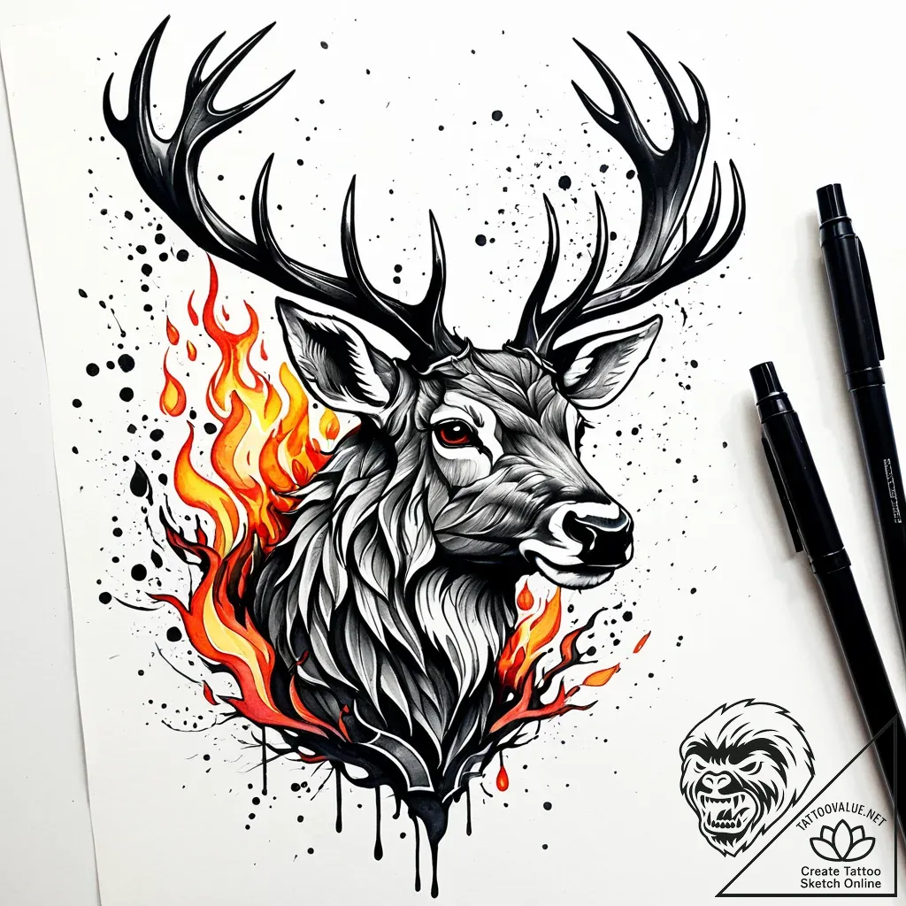 Apocalyptic stag wreathed in fire, tattoo fla... - style Jaeger Simple - tattoo sketch (24.11.2025 11:13)