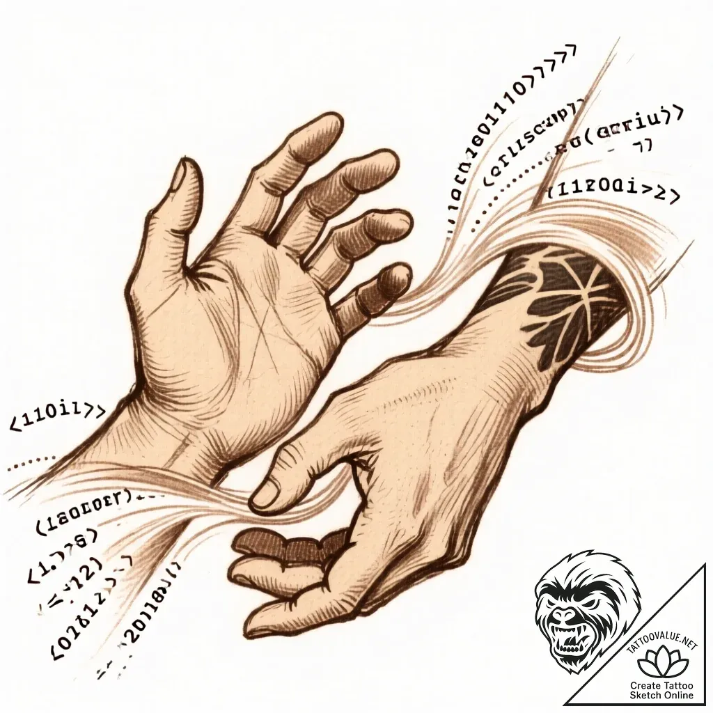 Tat tattoo sketch, glowing binary code flowin... - style Flux Inscriptions - tattoo sketch (24.11.2025 11:22)