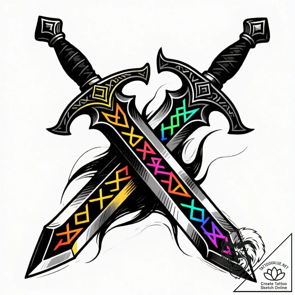 Tattoo sketch, viking sword with runic inscri... - style Flux Inscriptions - tattoo sketch (24.11.2025 11:34)
