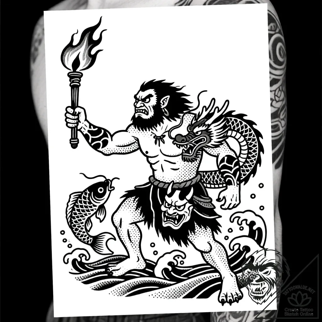 Tattoo sketch, guy crood holding fire, advent... - style Flux Inscriptions - tattoo sketch (24.11.2025 12:22)