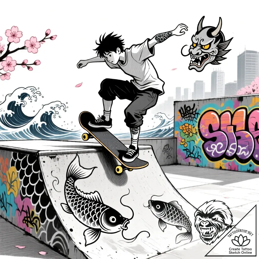 Tattoo sketch, skateboarding youth performing... - style Flux Inscriptions - tattoo sketch (24.11.2025 12:34)