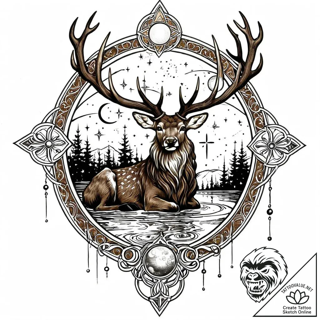 Angelic stag stepping through celestial pool,... - style Jaeger Mini - tattoo sketch (24.11.2025 13:28)