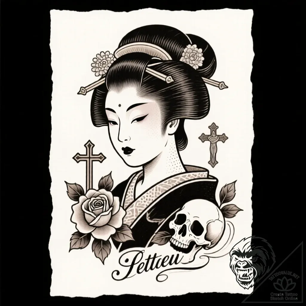 гейша, artistic tattoo sketch, chicano tattoo... - style Flux Inscriptions - tattoo sketch (24.11.2025 13:34)