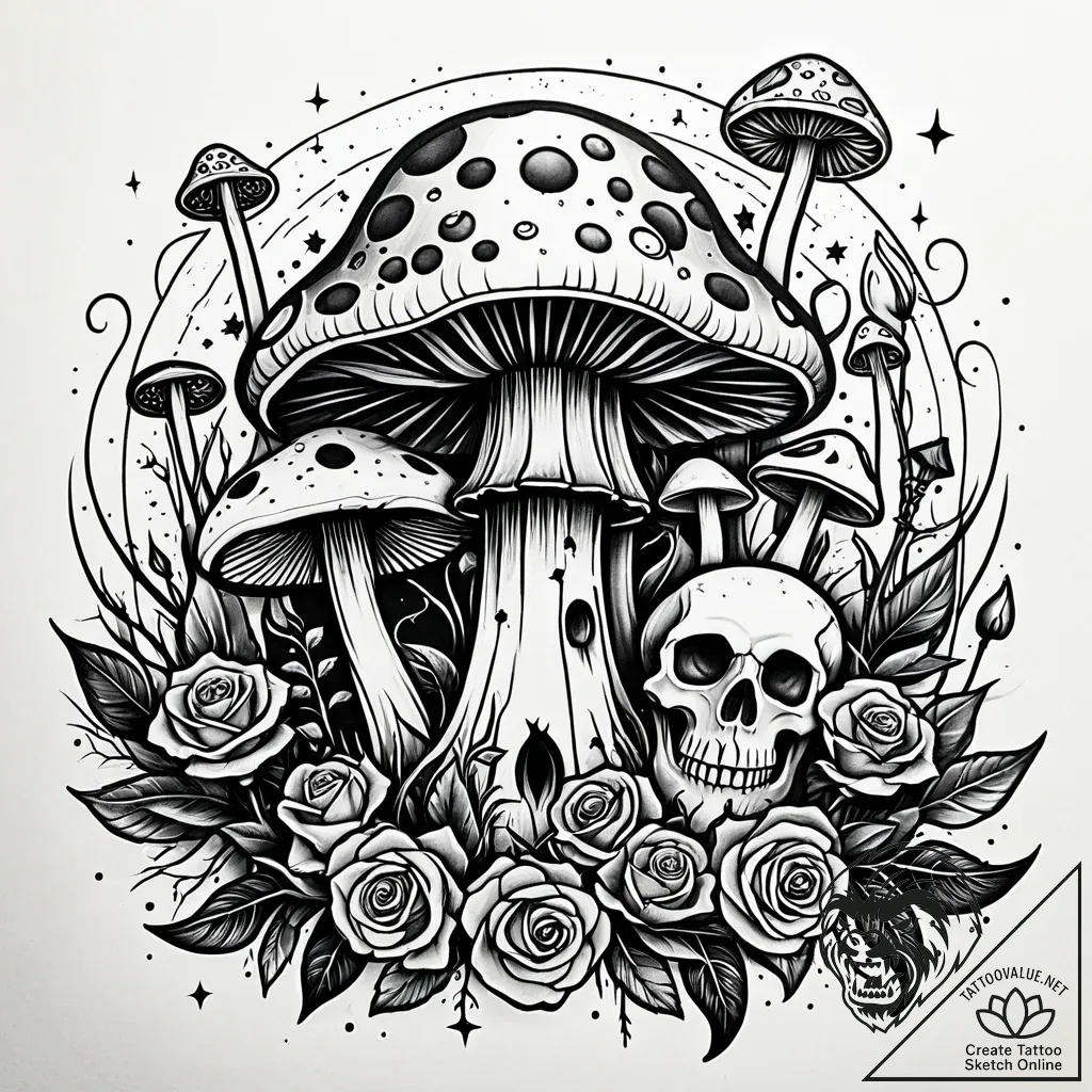 Tat tattoo sketch, enchanted mushrooms glowin... - style Jaeger Simple - tattoo sketch (24.11.2025 13:48)