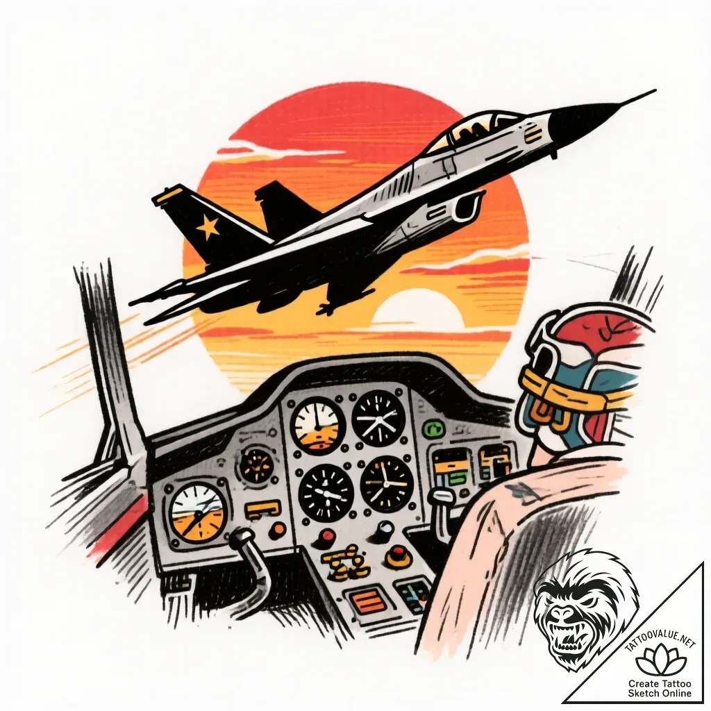 Tattoo sketch, pilot cockpit view with detail... - style Flux Inscriptions - tattoo sketch (24.11.2025 14:10)