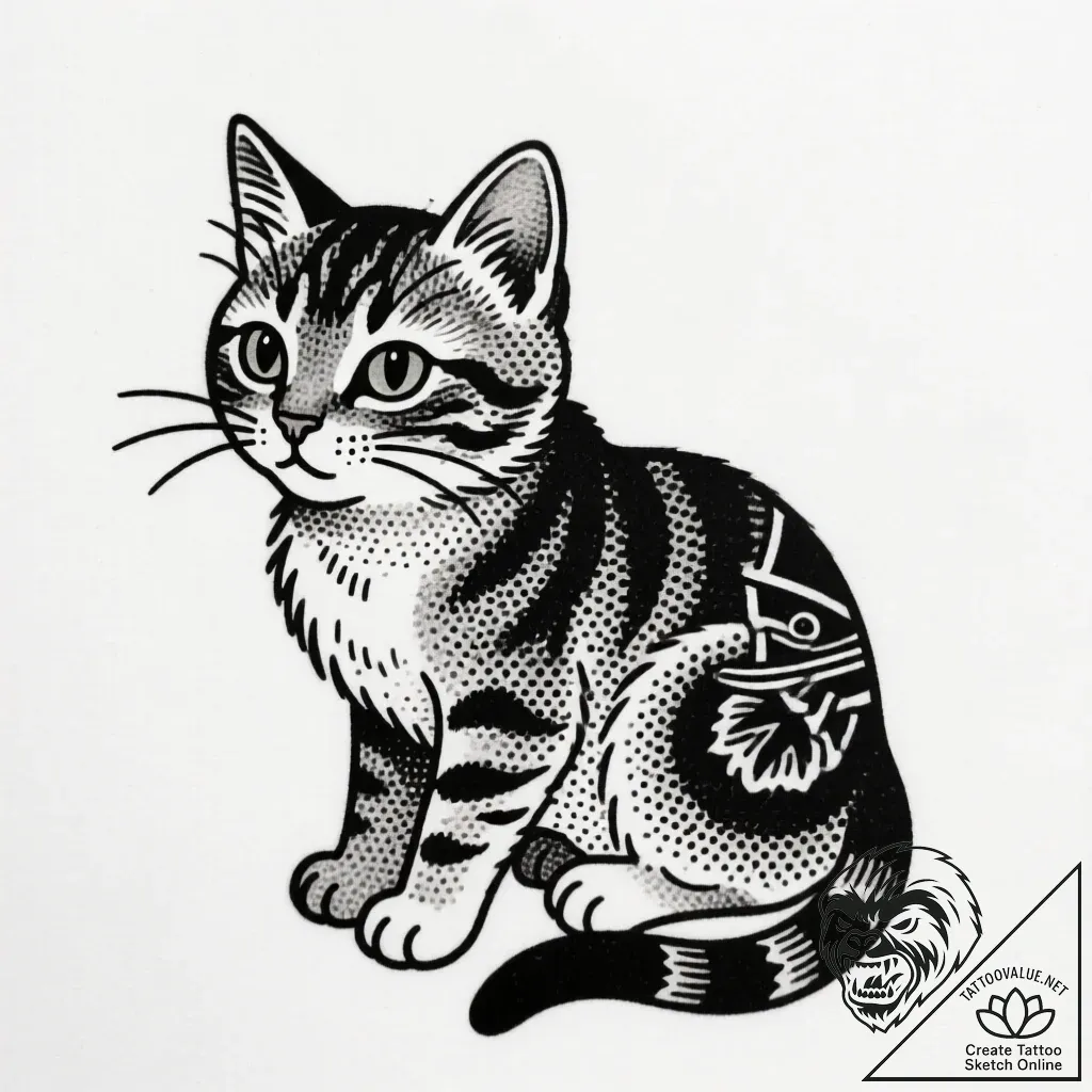 котенок, ink illustration for tattoo, on a cl... - style Flux Inscriptions - tattoo sketch (24.11.2025 14:34)