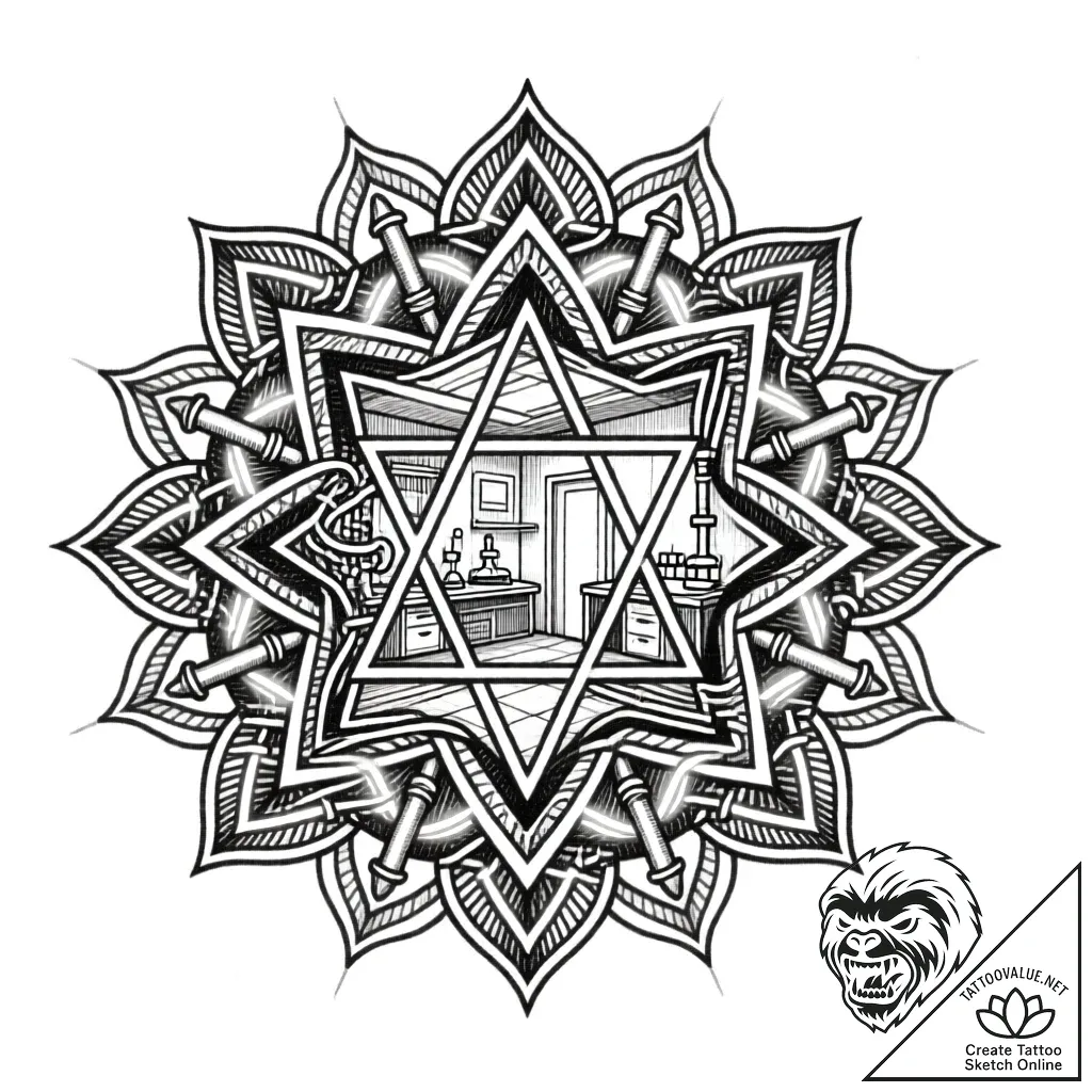 Tattoo design a futuristic laboratory with gl... - style Flux Inscriptions - tattoo sketch (24.11.2025 15:10)