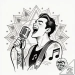 Tattoo sketch, stuart holding microphone sing… – style Flux Inscriptions – tattoo sketch (24.11.2025 16:22)