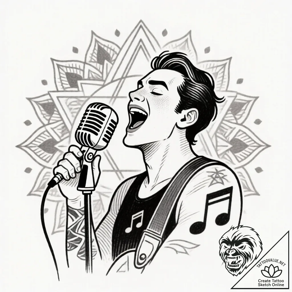 Tattoo sketch, stuart holding microphone sing... - style Flux Inscriptions - tattoo sketch (24.11.2025 16:22)
