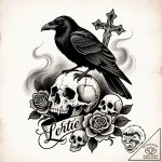 Tattoo sketch, raven perched on ancient skull… – style Flux Inscriptions – tattoo sketch (24.11.2025 16:46)