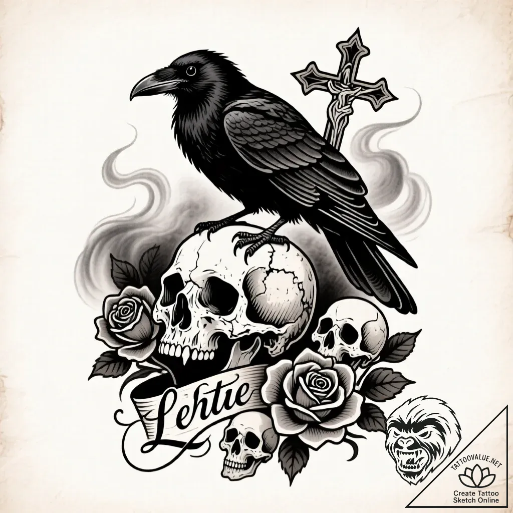 Tattoo sketch, raven perched on ancient skull... - style Flux Inscriptions - tattoo sketch (24.11.2025 16:46)