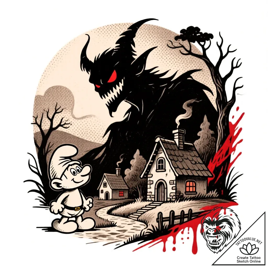 Tattoo sketch, gargamel’s shadow looming over... - style Flux Inscriptions - tattoo sketch (24.11.2025 17:22)