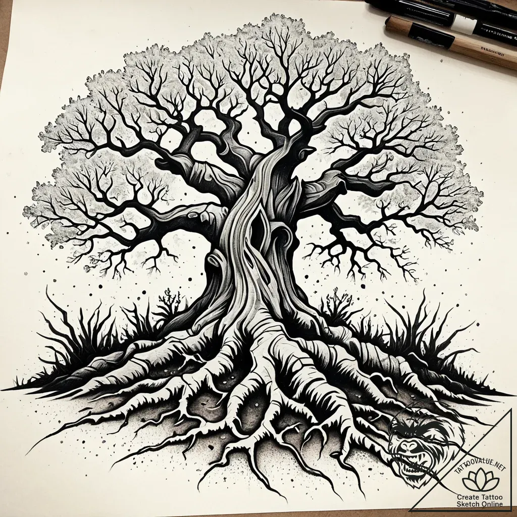 Tat tattoo sketch, sprawling oak roots breaki... - style Jaeger Simple - tattoo sketch (24.11.2025 17:45)