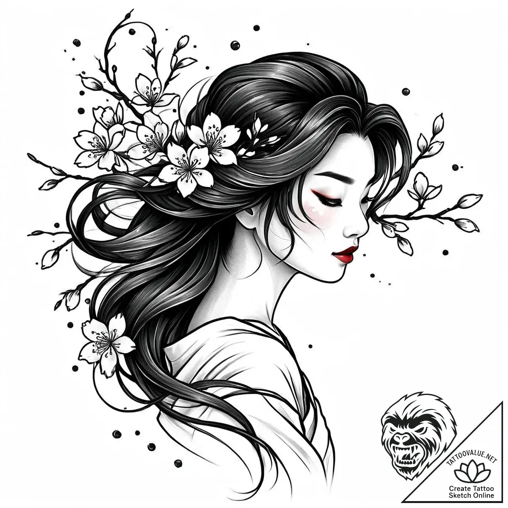 Tattoo sketch, mulan with flowing hair and ch... - style Jaeger Mini - tattoo sketch (24.11.2025 18:13)