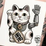 Maneki-neko (lucky cat) with a robotic, wavin… – style Flux Inscriptions – tattoo sketch (24.11.2025 18:31)