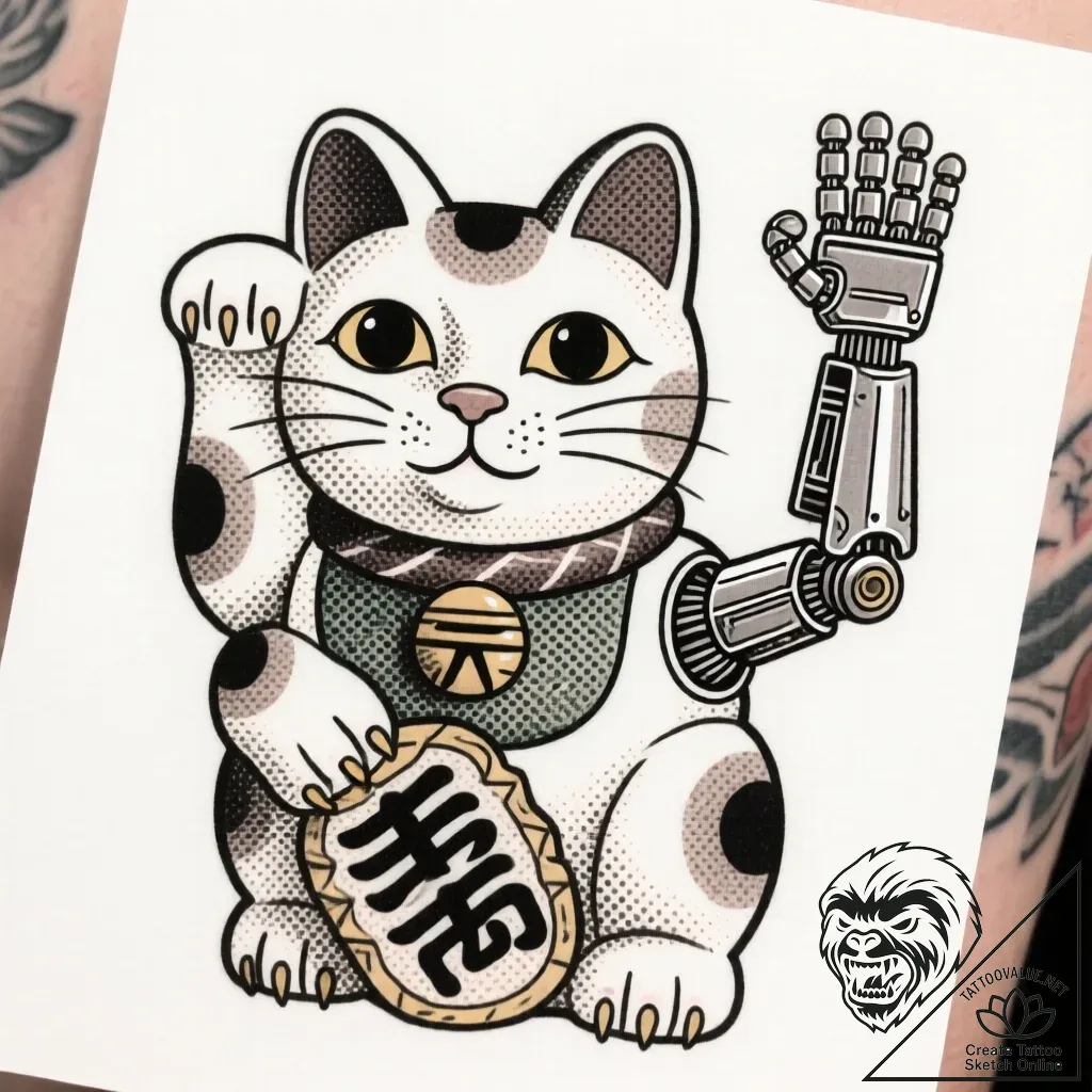 Maneki-neko (lucky cat) with a robotic, wavin... - style Flux Inscriptions - tattoo sketch (24.11.2025 18:31)