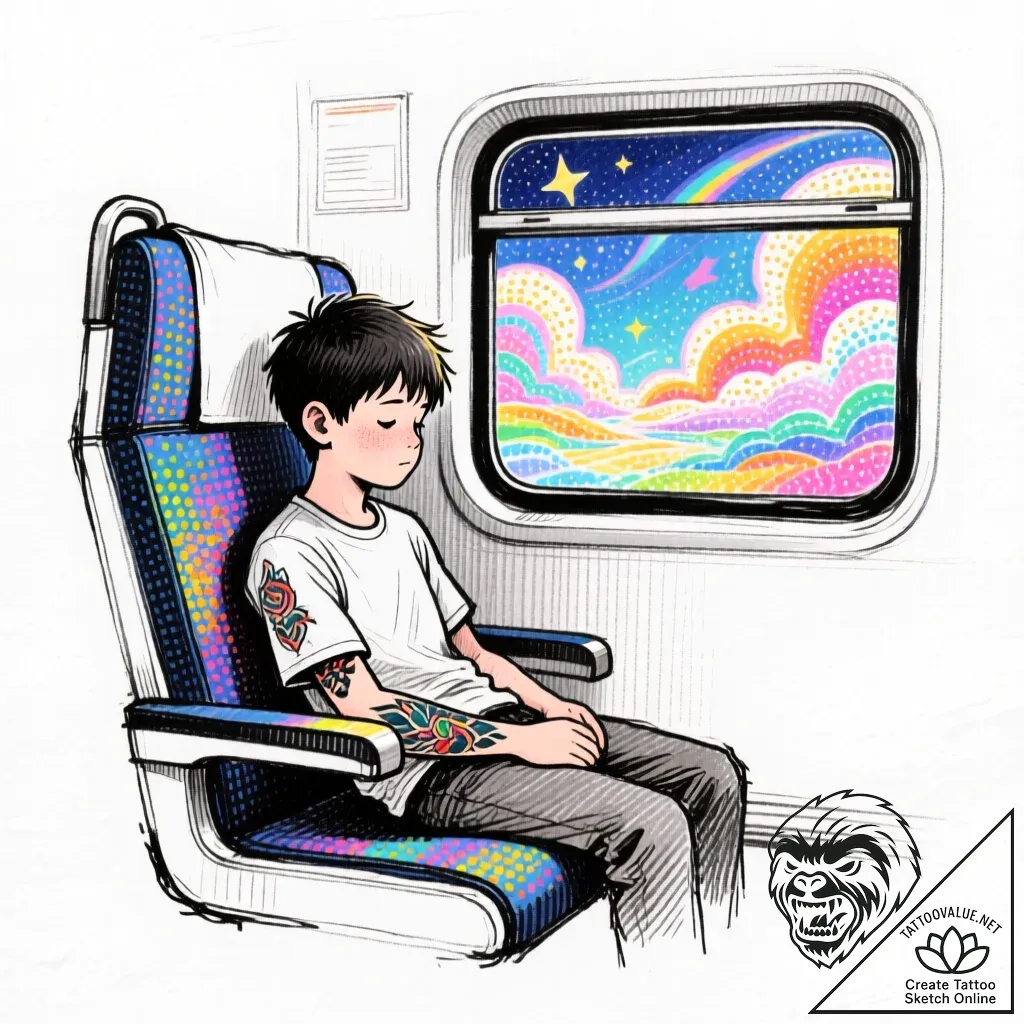 Tattoo sketch, boy sleeping on train seat, pe... - style Flux Inscriptions - tattoo sketch (24.11.2025 18:55)