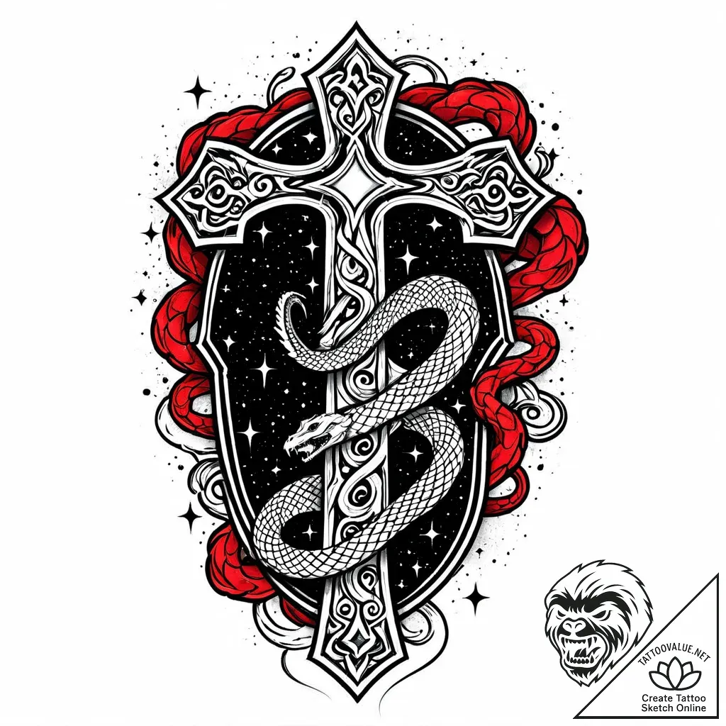 Nebula serpent circling bone gate, tattoo dra... - style Jaeger Mini - tattoo sketch (24.11.2025 19:00)