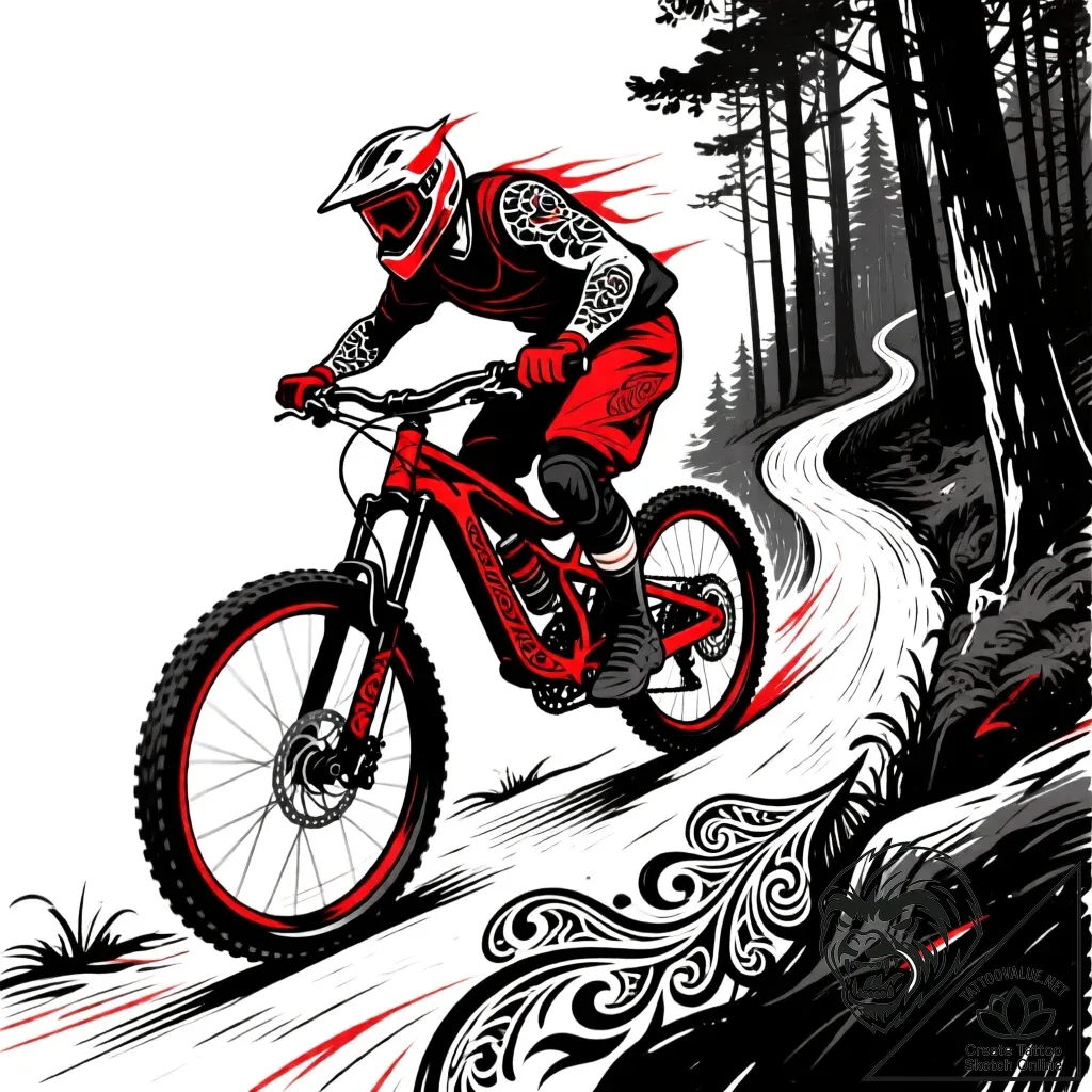 A shot of a mountain biker navigating a narro... - style Flux Inscriptions - tattoo sketch (24.11.2025 19:31)