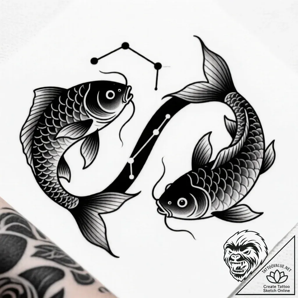 Tattoo design a pair of pisces fish, swimming... - style Flux Inscriptions - tattoo sketch (24.11.2025 20:17)