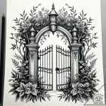 Garden gate, slightly ajar, with an enchanted… – style Jaeger Simple – tattoo sketch (24.11.2025 21:57)