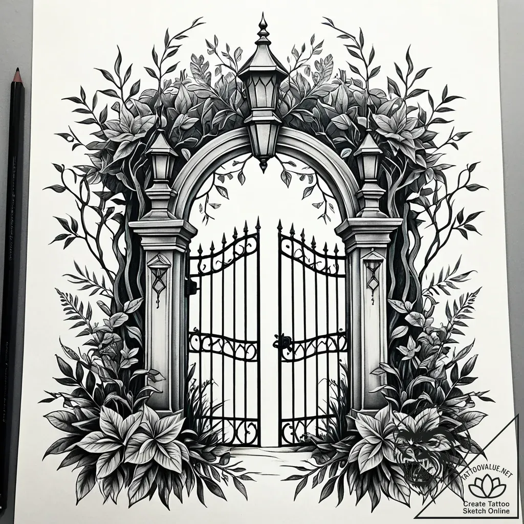 Garden gate, slightly ajar, with an enchanted... - style Jaeger Simple - tattoo sketch (24.11.2025 21:57)