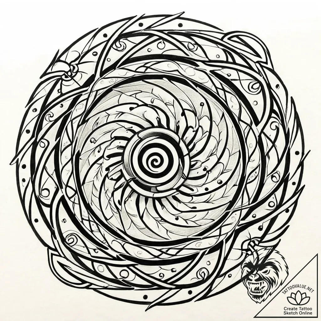Trap runes spiraling through void, tattoo dra... - style Jaeger Mini - tattoo sketch (24.11.2025 22:17)