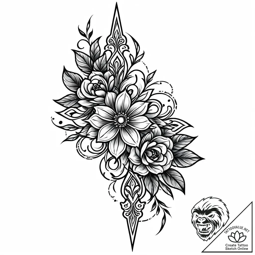 Iron blade through spectral bloom, ink illust... - style Jaeger Mini - tattoo sketch (24.11.2025 23:41)