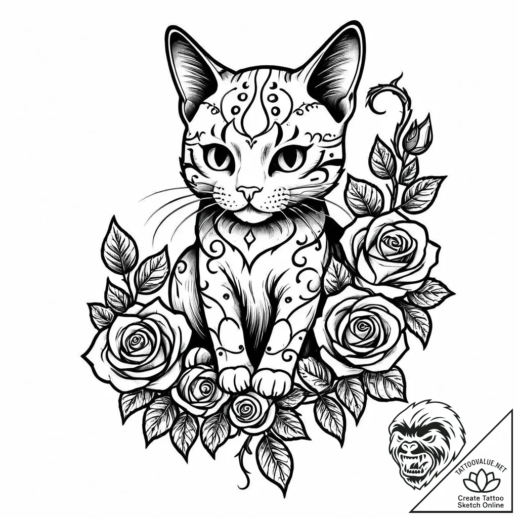 Tattoo sketch, cat with curled tail, playful... - style Jaeger Mini - tattoo sketch (25.11.2025 07:36)