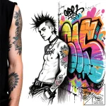 Tat tattoo sketch, punk rocker leaning on gra… – style Flux Inscriptions – tattoo sketch (25.11.2025 17:37)