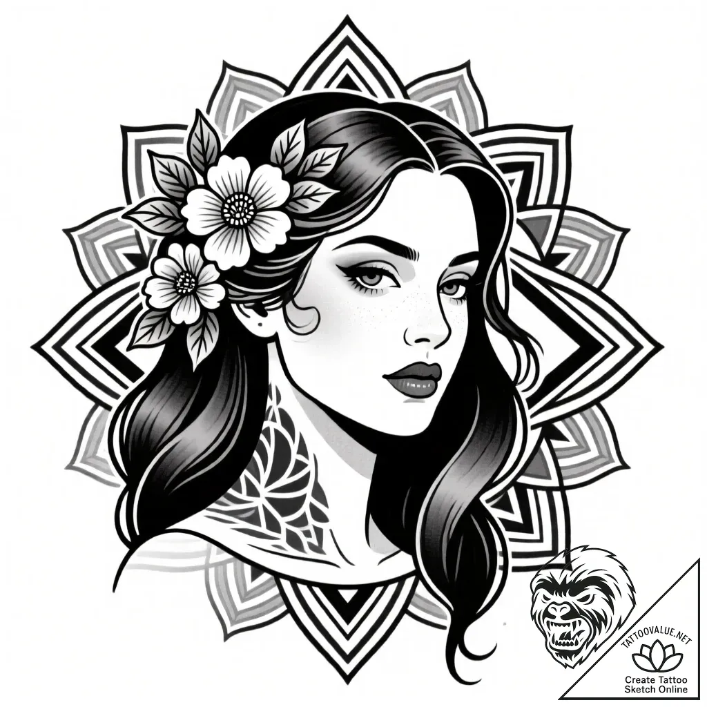 Tattoo sketch, sally with flowers in hair, de... - style Flux Inscriptions - tattoo sketch (25.11.2025 18:57)