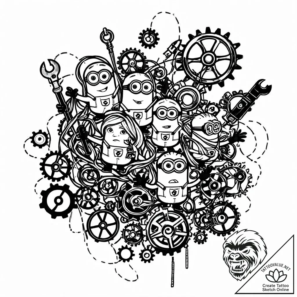 Tattoo sketch, minions tangled in gadgets, ch... - style Jaeger Mini - tattoo sketch (26.11.2025 02:17)