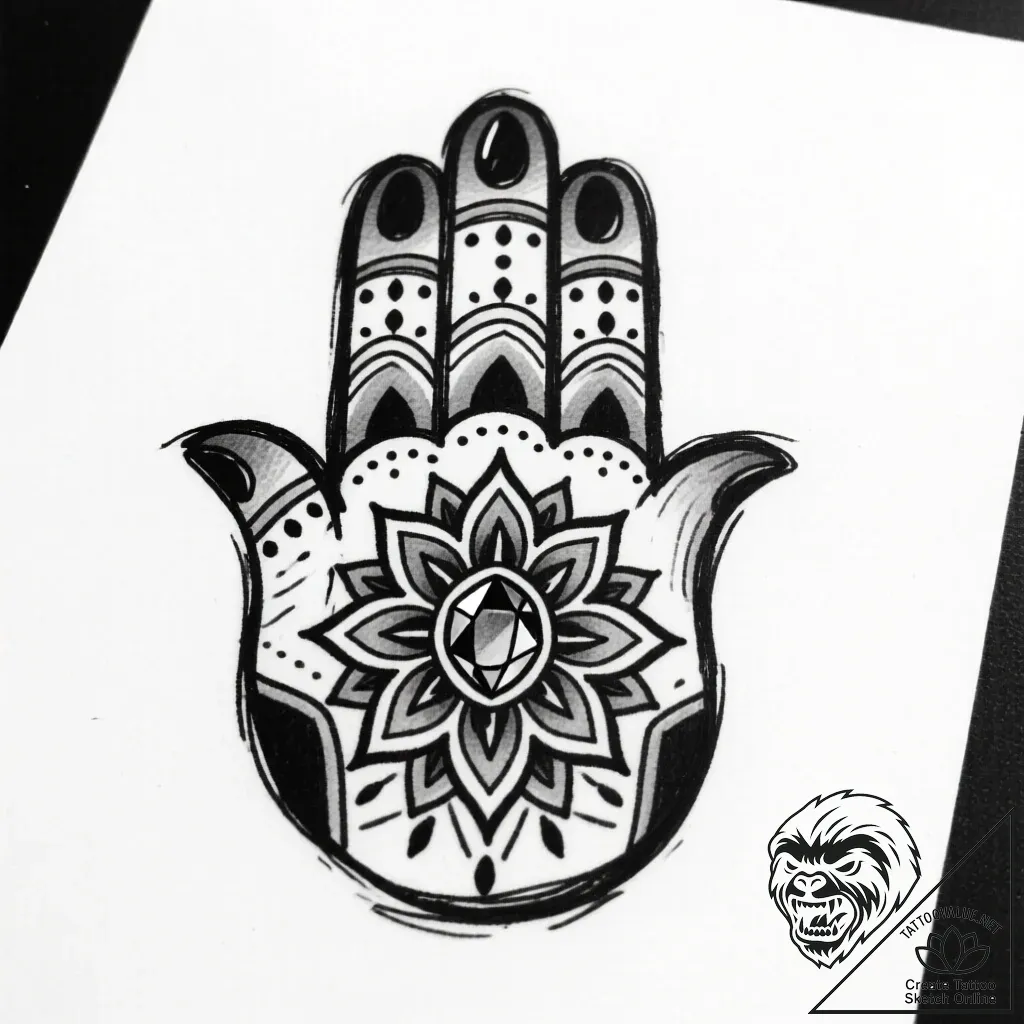 Hamsa hand with delicate mandala patterns and... - style Flux Inscriptions - tattoo sketch (26.11.2025 04:17)