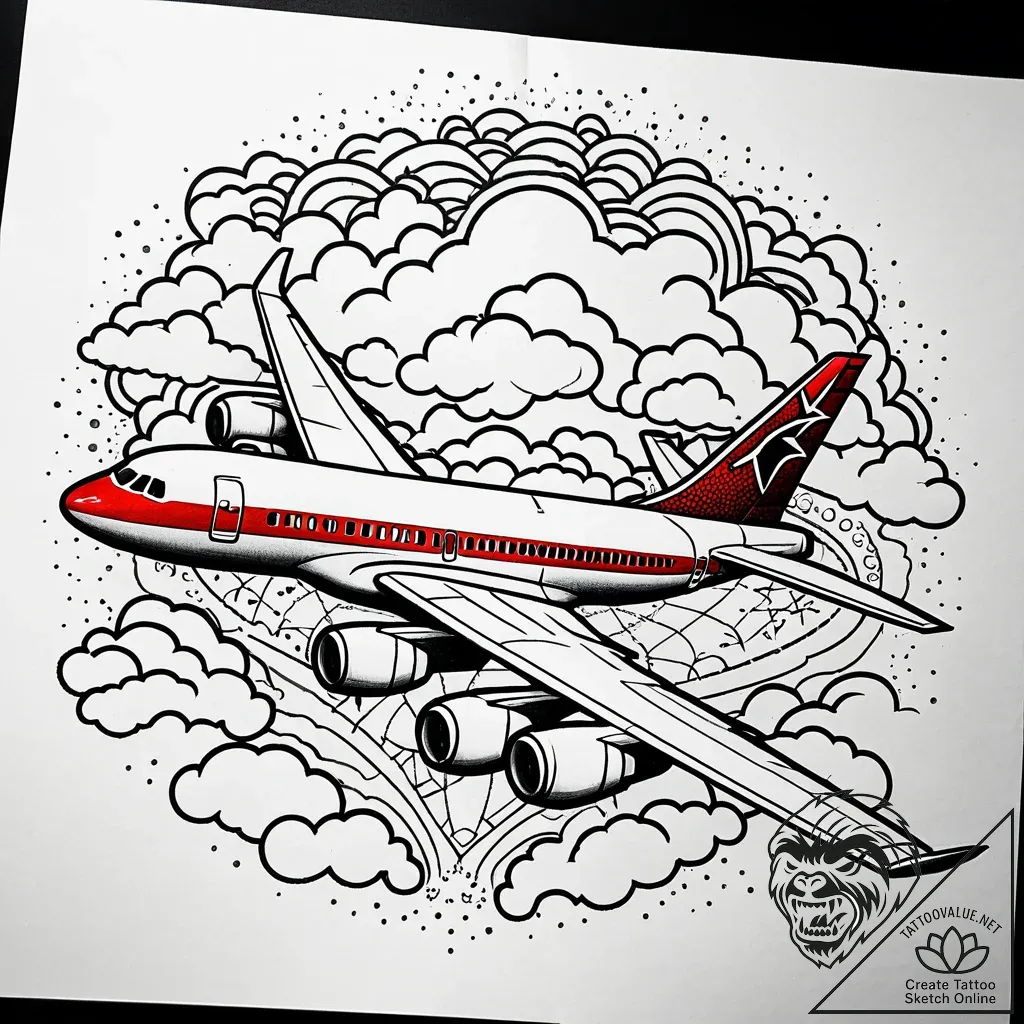 A view from a window seat of an airplane, loo... - style Jaeger Simple - tattoo sketch (26.11.2025 04:36)
