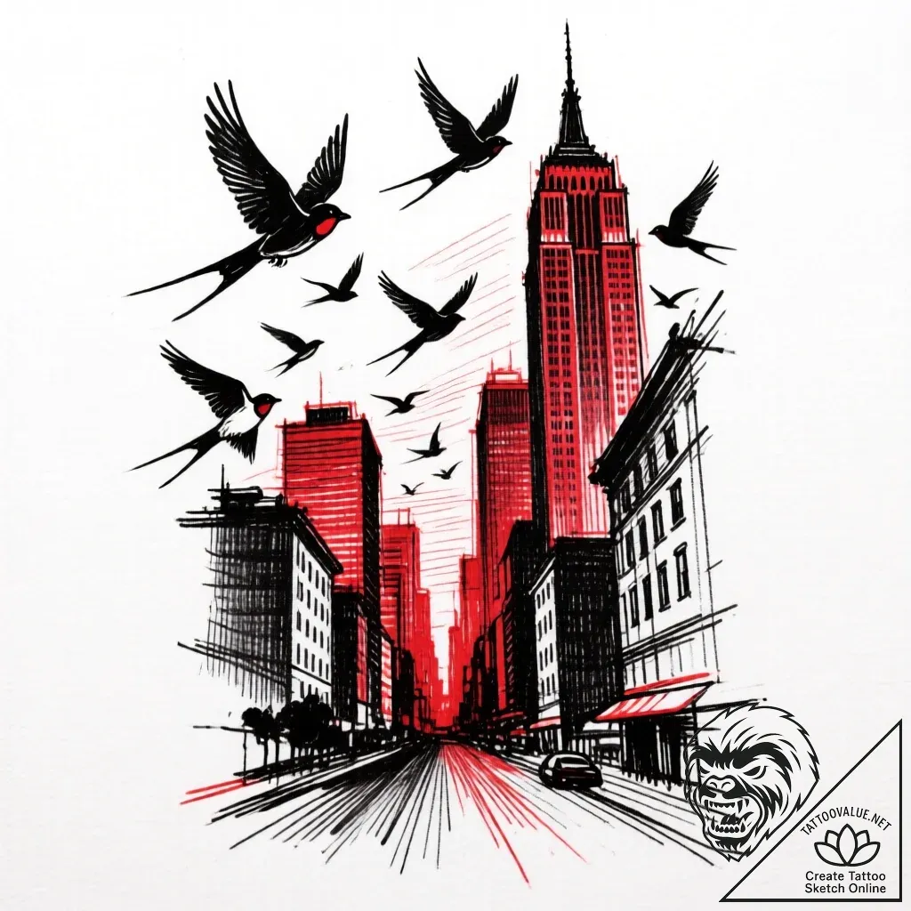 Tat tattoo sketch, camera lens reflecting urb... - style Flux Inscriptions - tattoo sketch (26.11.2025 09:37)