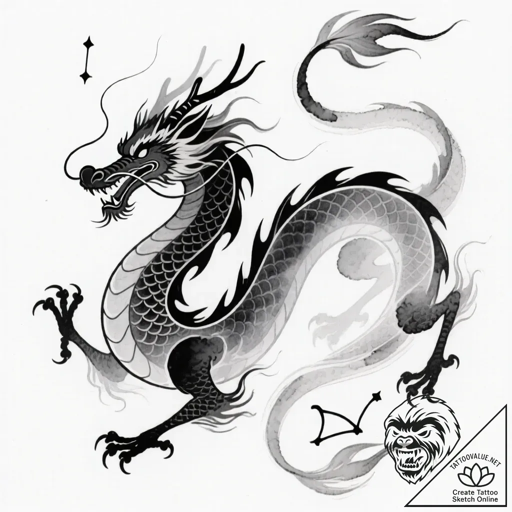 Tattoo design a zodiac animal's spirit appear... - style Flux Inscriptions - tattoo sketch (26.11.2025 14:57)