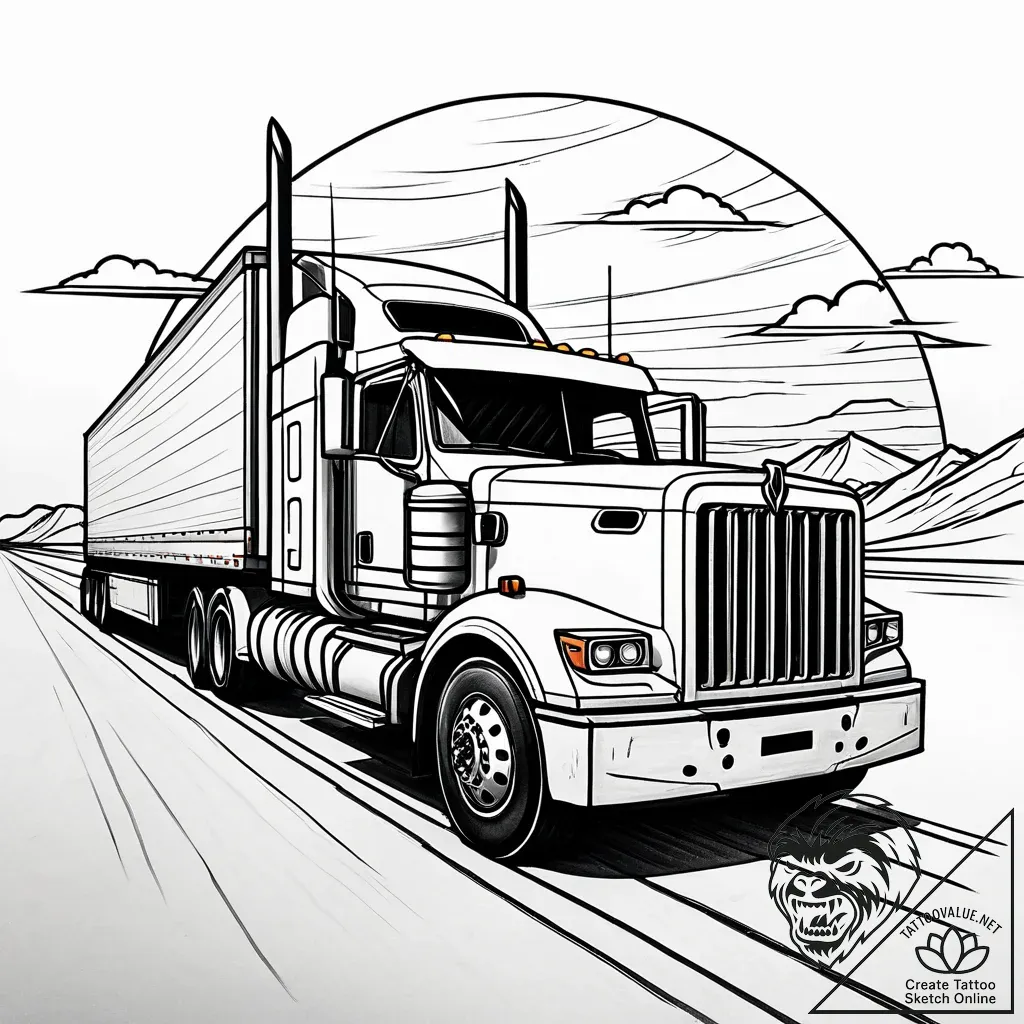 A long-haul truck driving down a deserted hig... - style Jaeger Simple - tattoo sketch (26.11.2025 18:57)