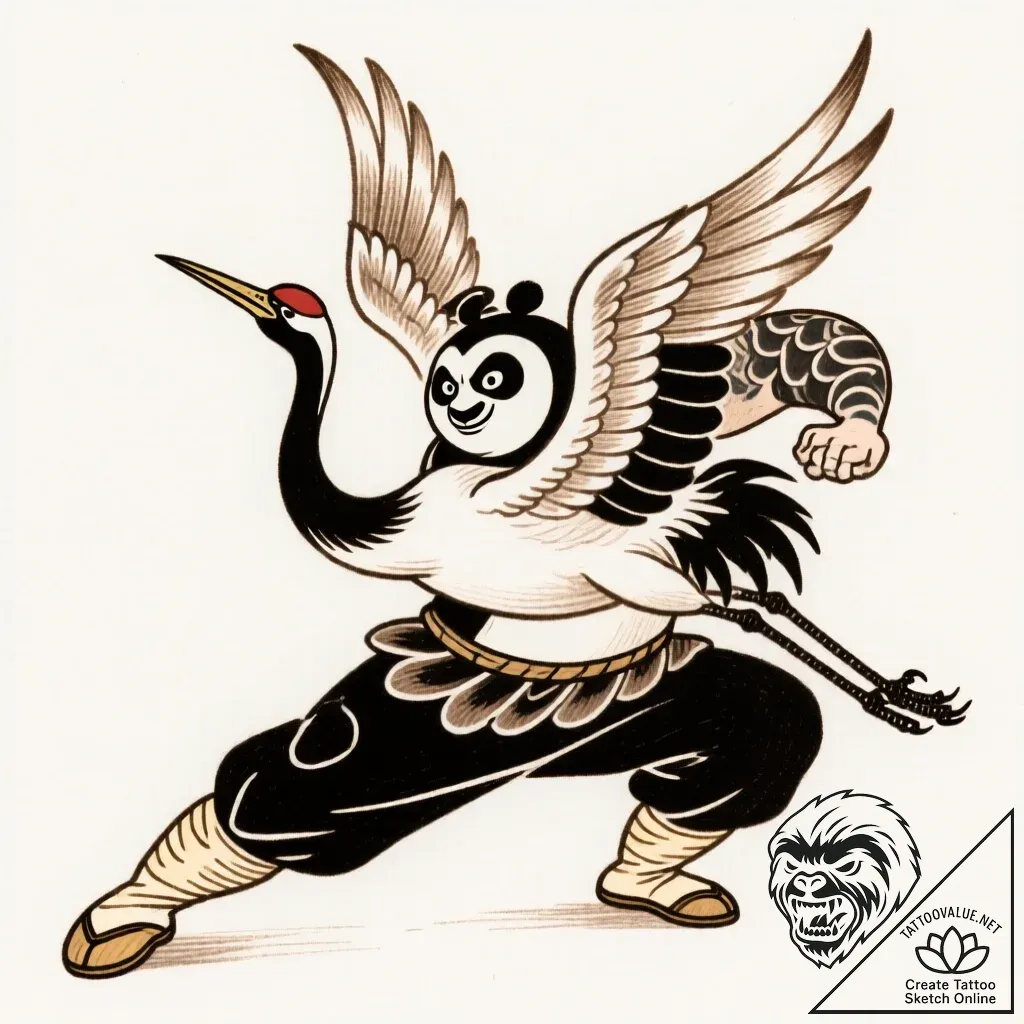 Tattoo sketch, po doing crane stance, traditi... - style Flux Inscriptions - tattoo sketch (26.11.2025 19:57)