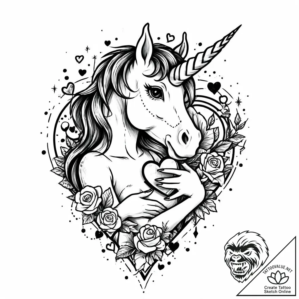 Tattoo sketch, agnes hugging unicorn with hea... - style Jaeger Mini - tattoo sketch (26.11.2025 21:57)