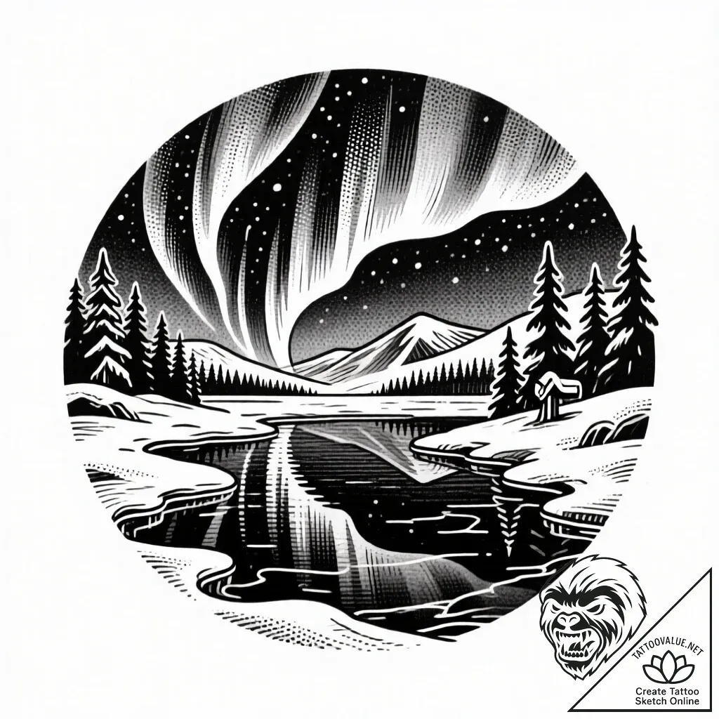 An enchanting aurora borealis illuminating a... - style Flux Inscriptions - tattoo sketch (27.11.2025 02:37)