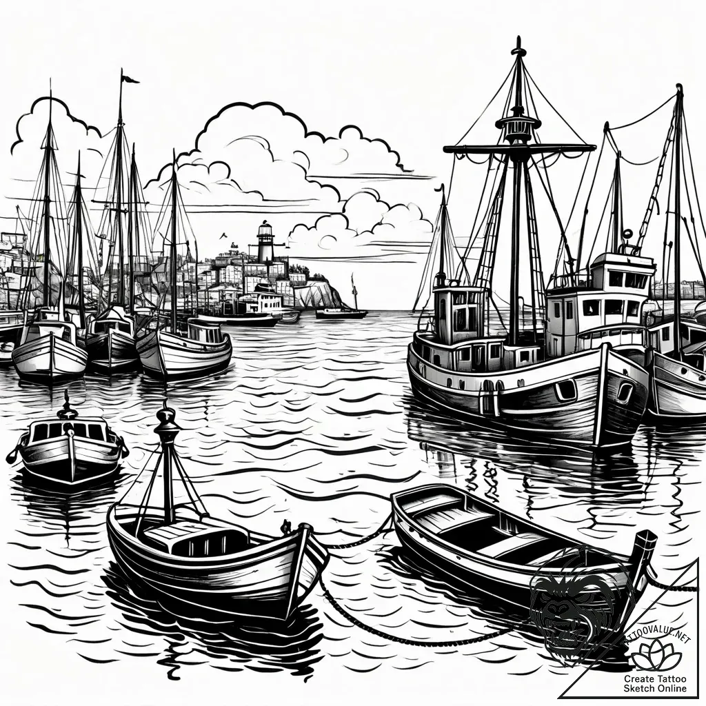 Harbor scene with boats at anchor, representi... - style Jaeger Simple - tattoo sketch (27.11.2025 04:16)