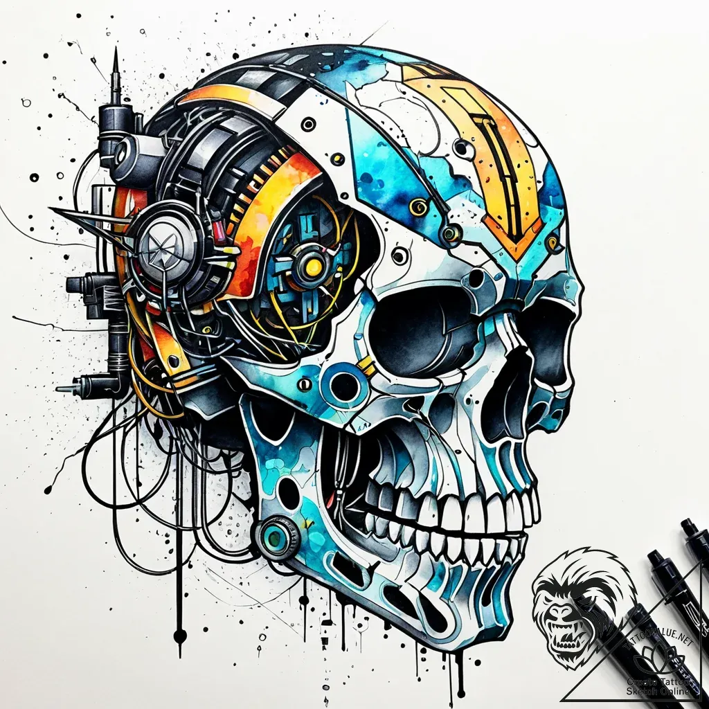 Tat tattoo sketch, cyberpunk skull with wires... - style Jaeger Simple - tattoo sketch (27.11.2025 08:16)