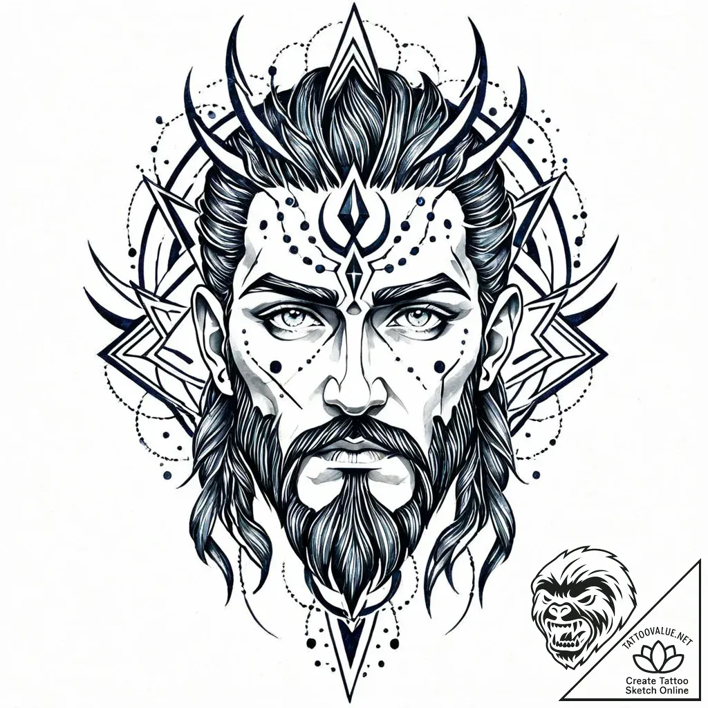 Tattoo design: perun's face, half-shadowed, h... - style Jaeger Mini - tattoo sketch (27.11.2025 09:56)